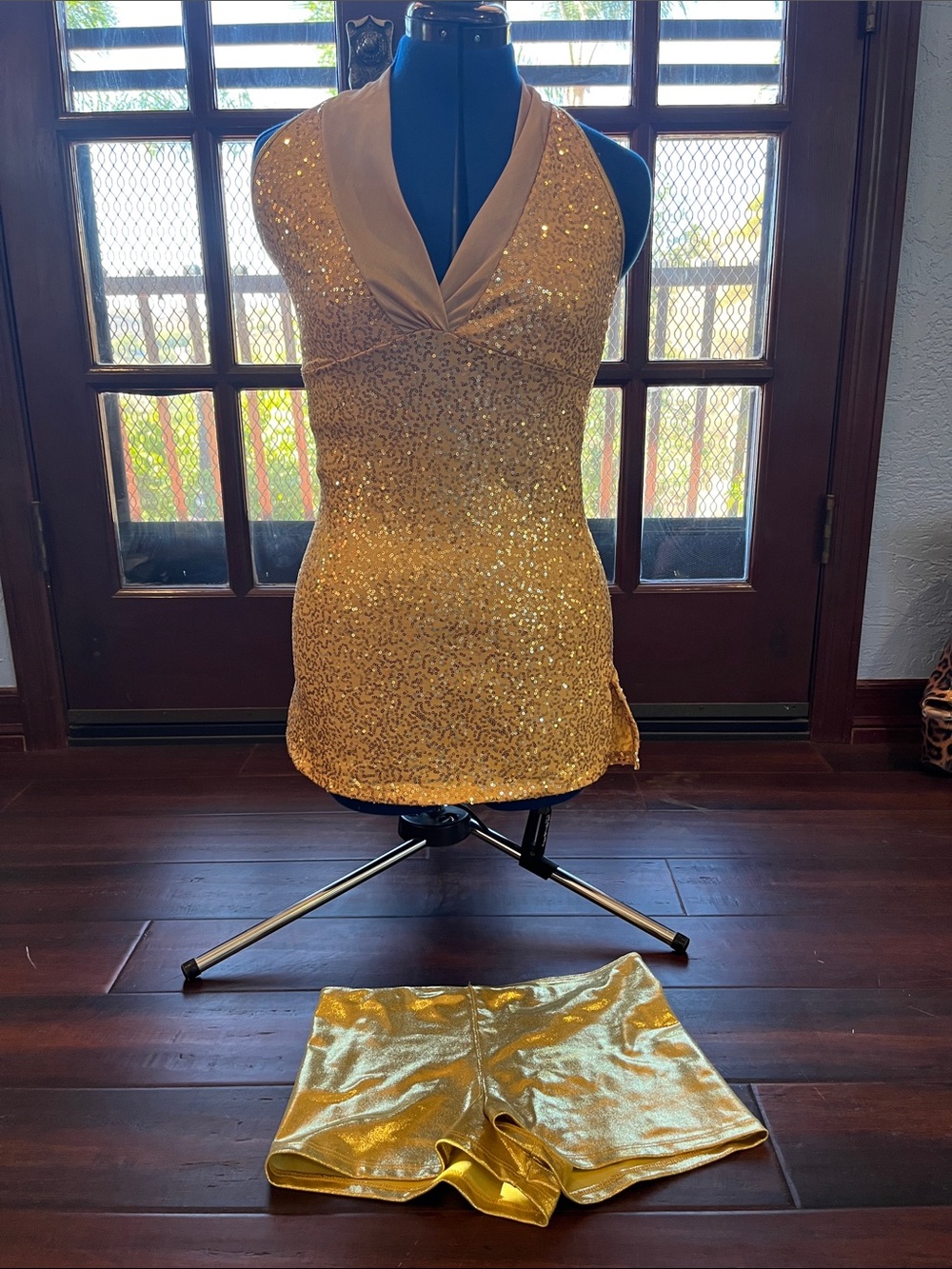 Gold Sequin Halter Top with Metallic Gold Shorts dance costume adult S/M